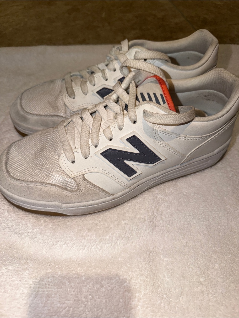 New Balance 480 White Sneakers with Gray N' and Orange Tongue Accent